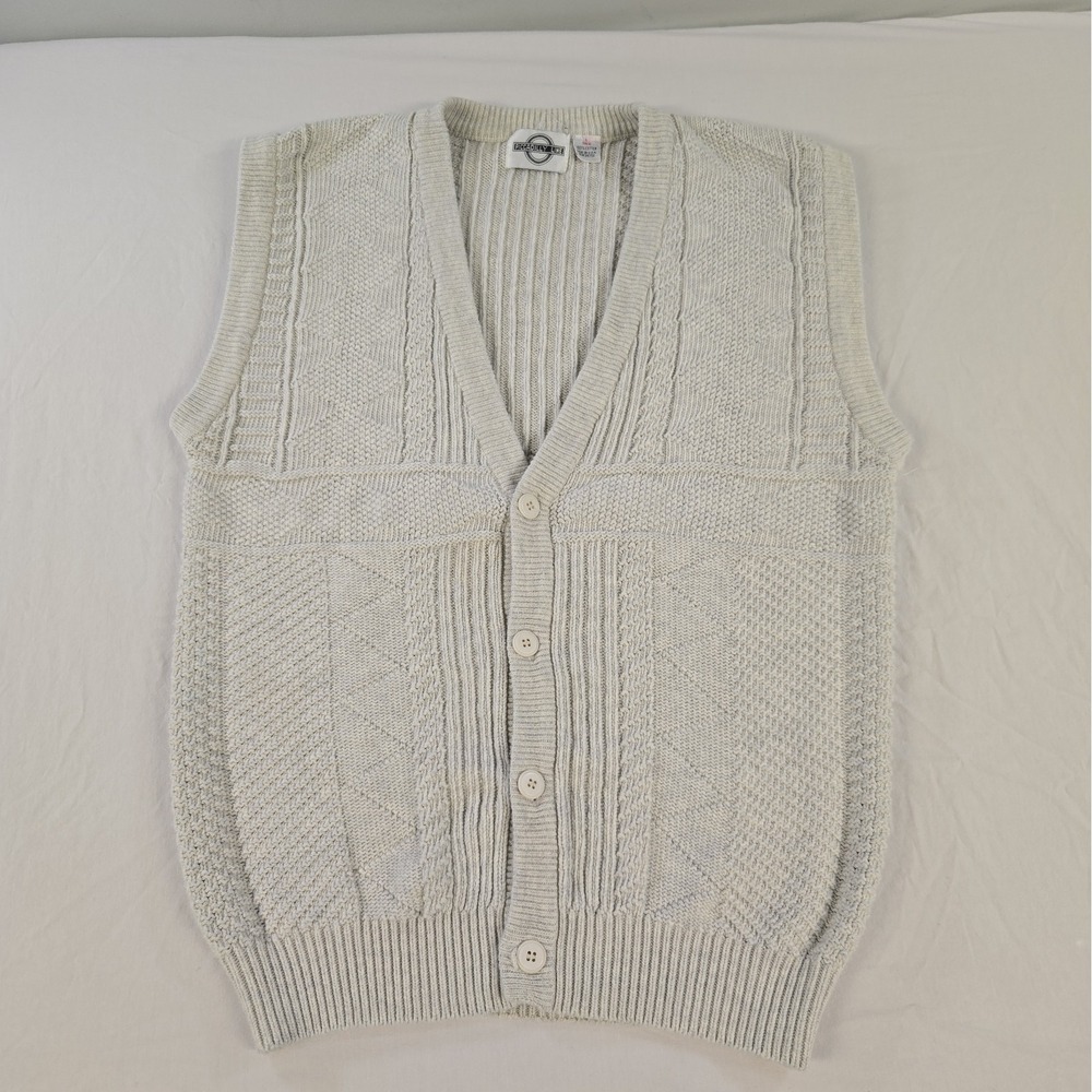 Vintage Men Knit Sweater Vest 100% Cotton Made In USA Size Large Tall Light Gray